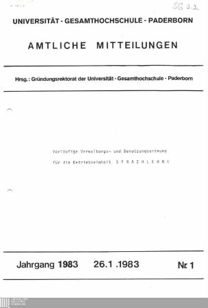 Vorläufige Verwaltungs- und Benutzungsordnung für die Betriebseinheit Sprachlehre : 26.1.1983