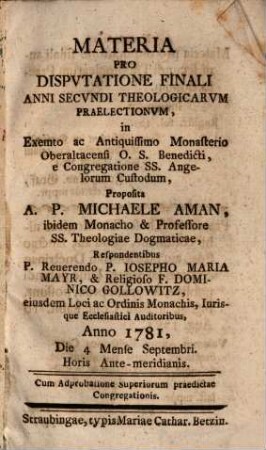Materia pro disputatione finali anni IIdi theologicarum praelectionum