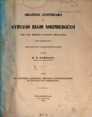 Sollemnia anniversaria in Gymnasio Regio Norimbergensi ... rite celebranda indicit. 1862