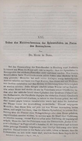 XXI. Ueber das Nichtverbrennen der Spinnenfäden im Focus des Brennglases.