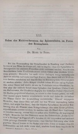 XXI. Ueber das Nichtverbrennen der Spinnenfäden im Focus des Brennglases.