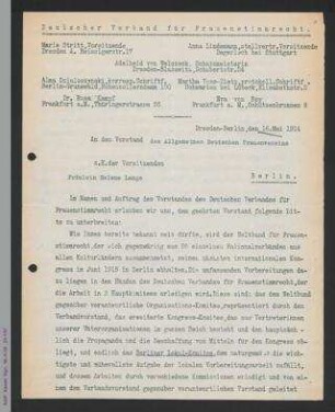 Brief des Deutschen Verbands für Frauenstimmrecht an den Vorstand des ADF z.H. der Vorsitzenden Helene Lange