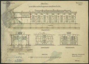 Lokomotivschuppen an der Kaiserbrücke - Bauzeichnung Längenschnitt, Querschnitt, Ansichten