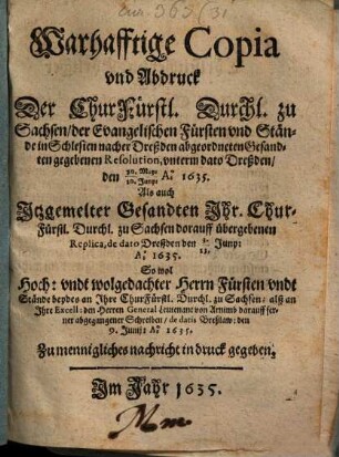 Warhafftige Copia der Curf. Durchl. zu Sachsen Resolution