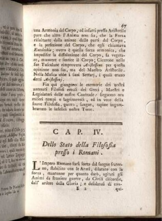 Cap. IV. Dello Stato della Filosofia presso i Romani.
