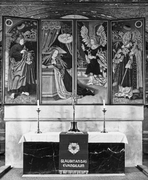 Halle (Saale), Marktkirche St. Marien, Altaraufsatz, 1. bewegliches Flügelpaar, Außenseiten: Mariae Verkündigung; Johannes der Ev.; Hl. Augustinus; Simon Franck