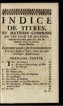 Indice de titres, et matieres comprises en ces loix et statuts, ...