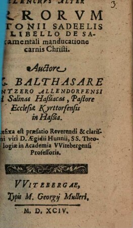 Elenchus alter errorum Ant. Saderlis in libello de sacramentali manducatione Carnis Christi