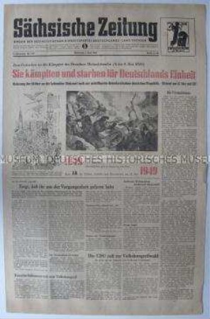 Tageszeitung der SED Sachsen "Sächsische Zeitung" zum Gedenken an die Revolution 1948/49 (Maiaufstand 1949 in Dresden)