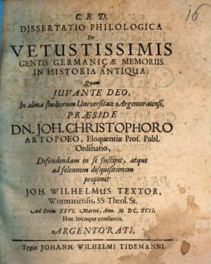 Diss. phil. de vetustissimis gentis Germanicae memoriis in historia antiqua