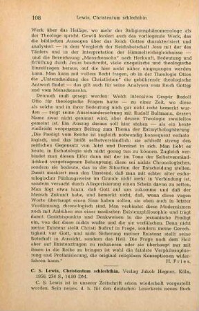 108-109 [Rezension] Lewis, C. S., Christentum schlechthin