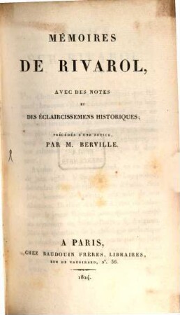 Mémoires De Rivarol : Avec Des Notes Et Des Éclaircissemens Historiques