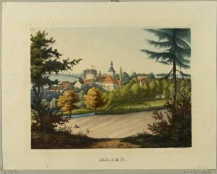 Ortsansicht von Maxen (Müglitztal-Maxen) von Osten mit dem Rittergut oder Schloss und dem Kirchturm dahinter, aus dem Album der Rittergüter und Schlösser im Königreiche Sachsen