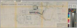 Münster (Münster) Kinderklinik der Universität - Robert Koch Straße Umbau-, Ergänzungs- und Instandsetzungsarbeiten Einrichtung einer Heilpädagogischen Abteilung im Czerny-Haus Blatt 1 Lageplan mit Außenanlagen 1965 1 : 1000 36 x 93 Pause Staatshochbauamt II Münster Regierung Münster Nr. 34010