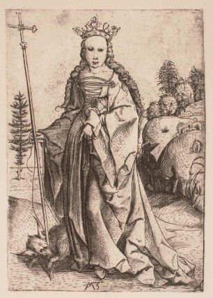 Ganze Figur der Maria mit landschaftlichem Hintergrund