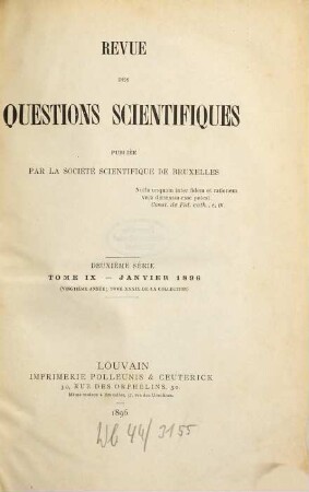 Revue des questions scientifiques. 39 = A. 20. 1896