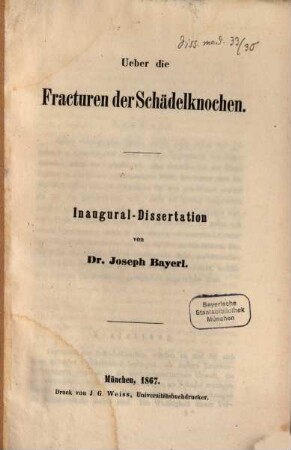 Ueber die Fracturen der Schädelknochen