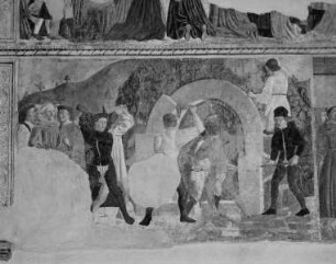 Szenen aus dem Leben des heiligen Bernardin, Schutzmantelmadonna und weitere Szenen — Zerstörung der Fonte Tecta