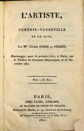 L' artiste : comédie-vaudeville en un acte
