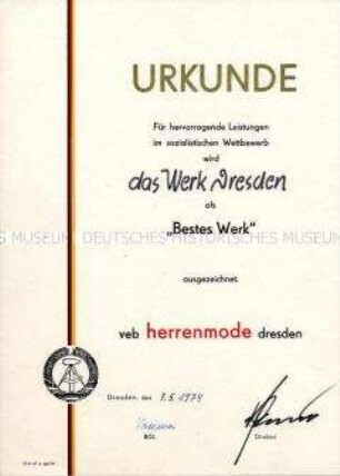 Urkunde zur Auszeichnung "Bestes Werk"