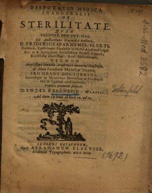 Disputatio Medica Inauguralis De Sterilitate