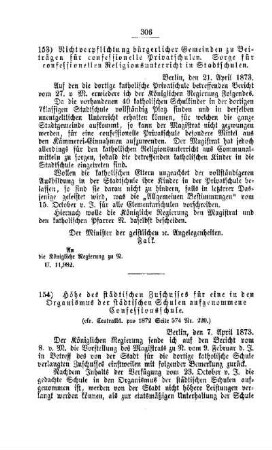 Nichtverpflichtung bürgerlicher Gemeinden zu Beiträgen für confessionelle Privatschulen. Sorge für confessionellen Religionsunterricht in Stadtschulen : [IV. Elementarschulwesen]