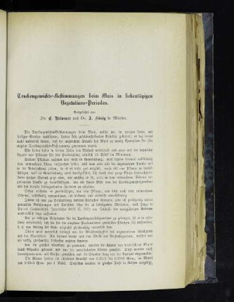 Trockengewichts-Bestimmungen beim Mais in siebentägigen Vegetations-Perioden