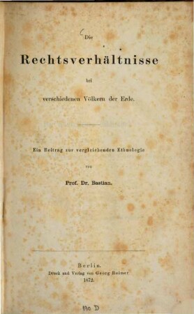 Die Rechtsverhältnisse bei verschiedenen Völkern der Erde : ein Beitrag zur vergleichenden Ethnologie