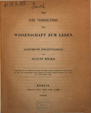 Über das Verhältnis der Wissenschaft zum Leben : akademische Einleitungsrede