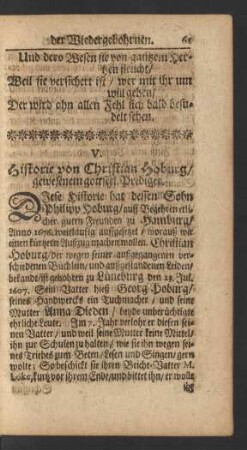 V. Historie von Christian Hoburg / gewesenem gottseel. Prediger