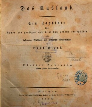 Das Ausland : Wochenschrift für Erd- und Völkerkunde. 5, 2. 1832