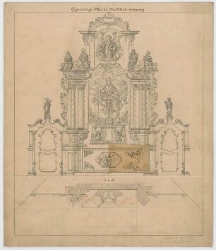 Müller, Josef Anton; Indersdorf; Marktkirche - Altar (Grundriss m. Schnitt, Ansicht)