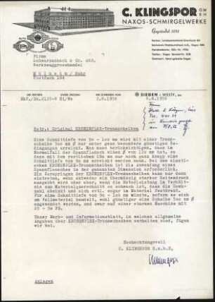 Firmenbriefkopf Klingspor, C., GMBH, NAXOS - SCHMIRGELWERKE