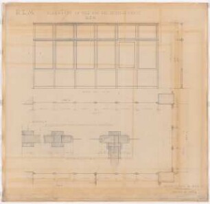 Reichsluftfahrtministerium, Berlin: Glaswände in Holz für das Sockelgeschoss Q3R: Ansicht, Grundriss [1:10], Details [1:1]