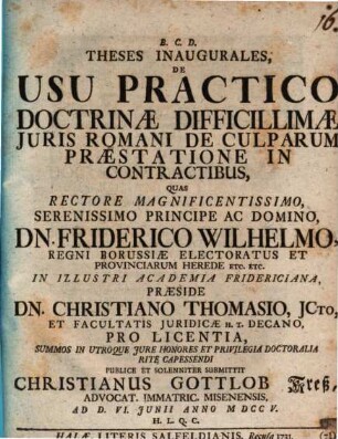 Theses Inaugurales, De Usu Practico Doctrinae Difficillimae Juris Romani De Culparum Praestatione In Contractibus