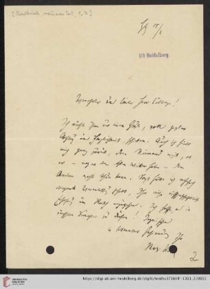 Nachlass Gustav Radbruch. Korrespondenz Max Weber/Gustav Radbruch: Brief von Max Weber und Marianne Weber an Gustav Radbruch