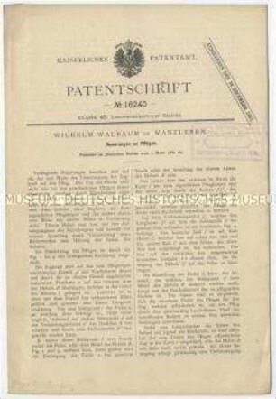 Patentschrift über Neuerungen an Pflügen, Patent-Nr. 16240