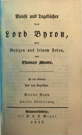 Briefe und Tagebücher des Lord Byron : mit Notizen aus seinem Leben ; in vier Bänden. 4,2