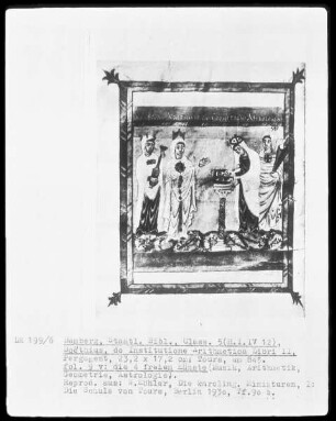 Boethius, de institutione Arithmetica Libri — Die vier freien Künste (Musik, Arithmetik, Geometrie und Astrologie), Folio 9verso