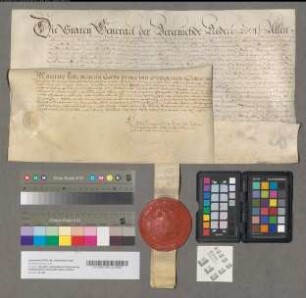 Aanstelling van de Staten-Generaal voor Hans Wolfert van Brederode, Heere van Kloetingen, tot Kapitein over een compagnie voetknechten, en brieven van attache van den Goeverneur en de Gecommitteerde Raden van Holland, 28 November 1618. Perkament met 1 uithangend zegel en 1 opgedrukt zegel.