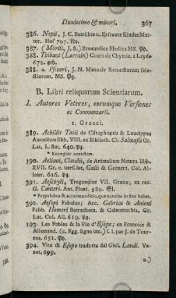 367-384, I. Autores Veteres, eorumque Versiones ac Commentarii - II. Libri Philologici