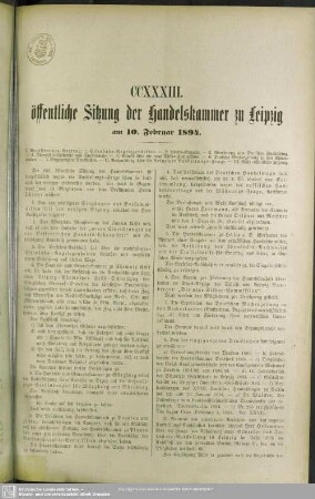 CCXXXIII. öffentliche Sitzung der Handelskammer zu Leipzig am 10. Februar 1894