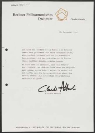 Kurzer Text von Claudio Abbado über das Théâtre de la Monnaie in Brüssel