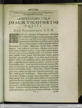 Amplissimo Viro Joach. Vicofortio Equiti Joan. Freinshemius S.P.D.