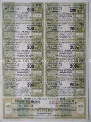 Erneuerungsschein mit 10 Zinsscheinen zu einer Anleihe des Deutschen Reichs