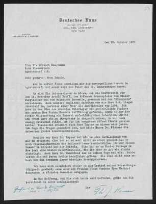 Brief von Frederick W. J. Heuser von Columbia University / Deutsches Haus  an Margarete Hauptmann