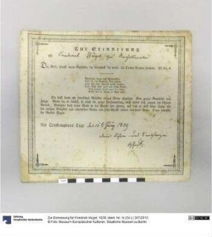 Zur Erinnerung für Friedrich Hügel, 1839