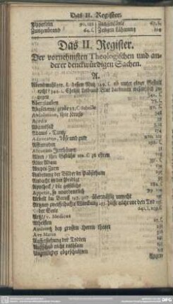 Das II. Register. Der vornehmsten Theologischen und anderer denckwürdigen Sachen