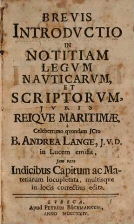 Brevis introductio in notitiam legum nauticarum et scriptorum iuris reique maritimae