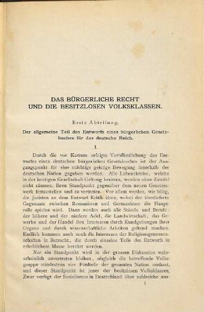 Das bürgerliche Recht und die besitzlosen Volksklassen : eine Kritik des Entwurfes eines Bürgerlichen Gesetzbuches für das Deutsche Reich